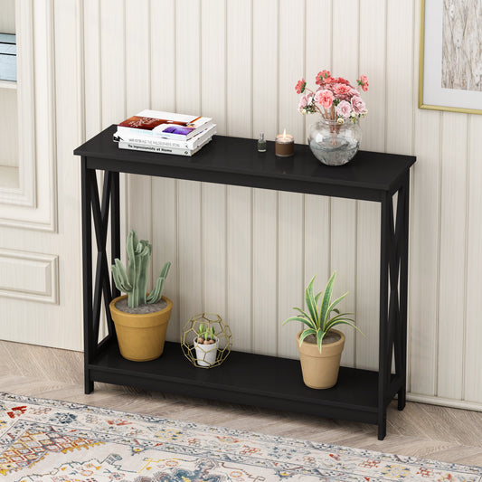 Sesslife Narrow Console Table with Storage, Wood Entryway Table with Shelf, 39.37" Long Side Table with X Shape Frame for Living Room Hallway, Contemporary Storage Entryway Furniture, Black