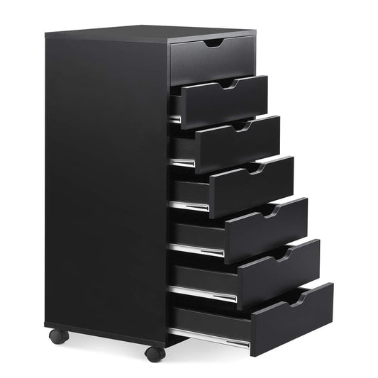 Black Dresser with 7 Drawers, Sesslife Wood Dresser for Bedroom Living Room Office, 34.5" Tall Dresser with Removable 360¡ã Casters, Modern Nightstand, Space Saver Standing Organizer