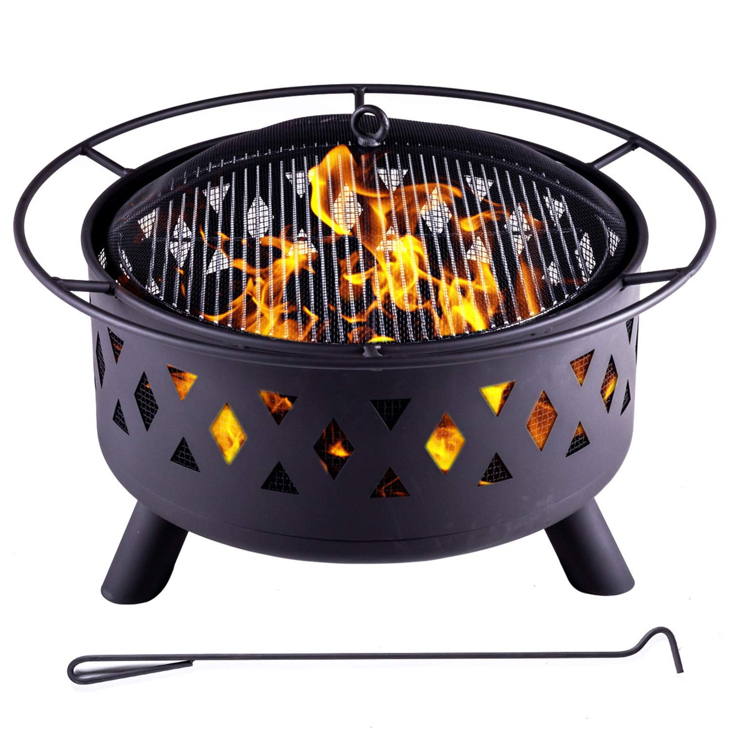 SESSLIFE Outdoor Fire Pit, 30" Round Wood Burning Fire pit Bowl with Grilling Grate, Long Poker, Protection Cover, Portable Fire Pit for Camping BBQ Party, Steel Patio Fire Pit BBQ Grill, Black, X1001