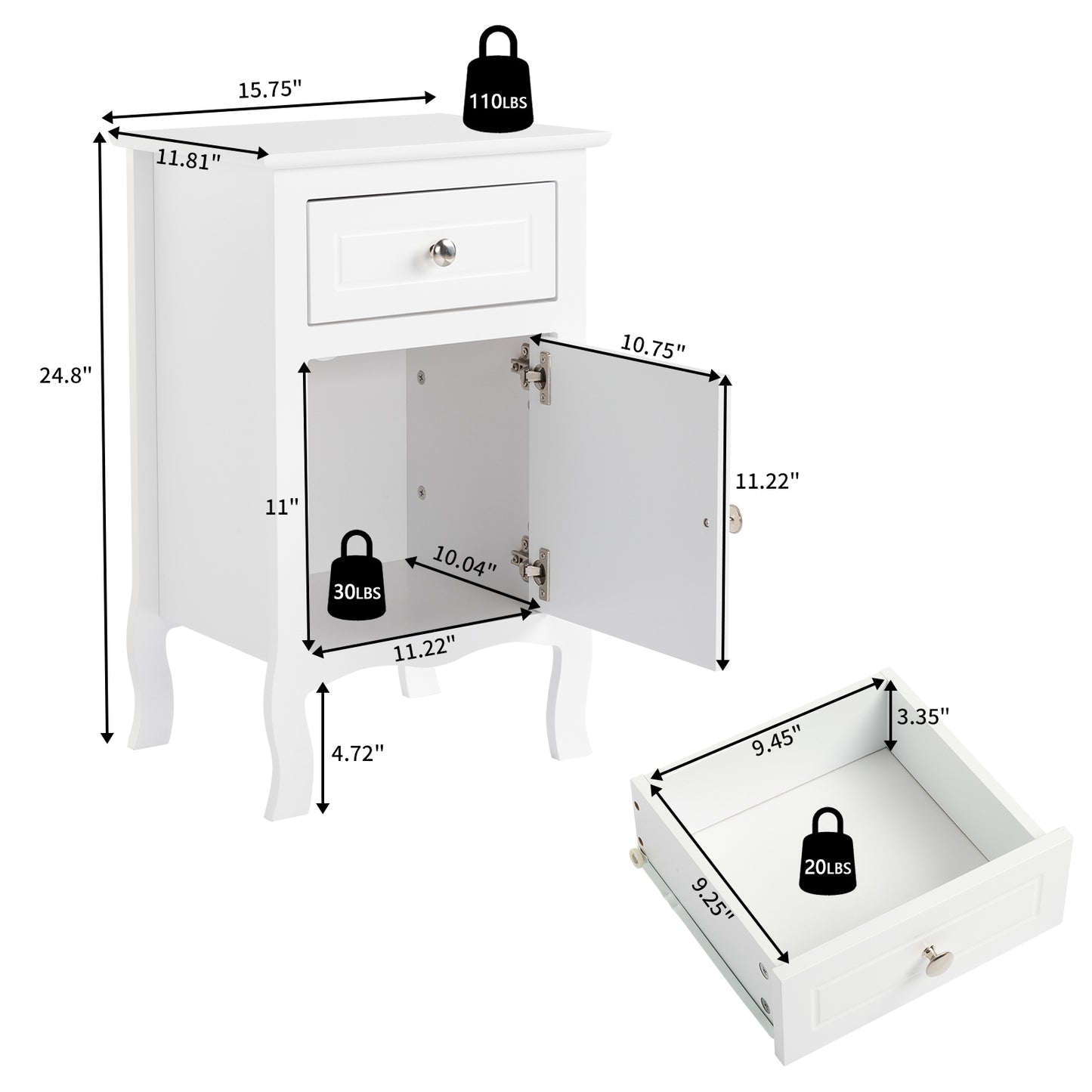 Sesslife Nightstand w/Solid Wood Feet, Modern End Table w/Drawer and Cabinet, Easy Assembly Sofa Side Table, Widely-Match Bedside Table for Bedroom Living Room, Office, White