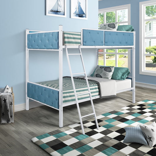 Metal Bunk Beds, SESSLIFE Upholstered Twin Over Twin Bunk Bed with Ladder, No Box Spring Needed, Twin Bed Frame for Kids Teens, Bunk Bed Frame with Safety Guard Rail, Light Blue, X1935