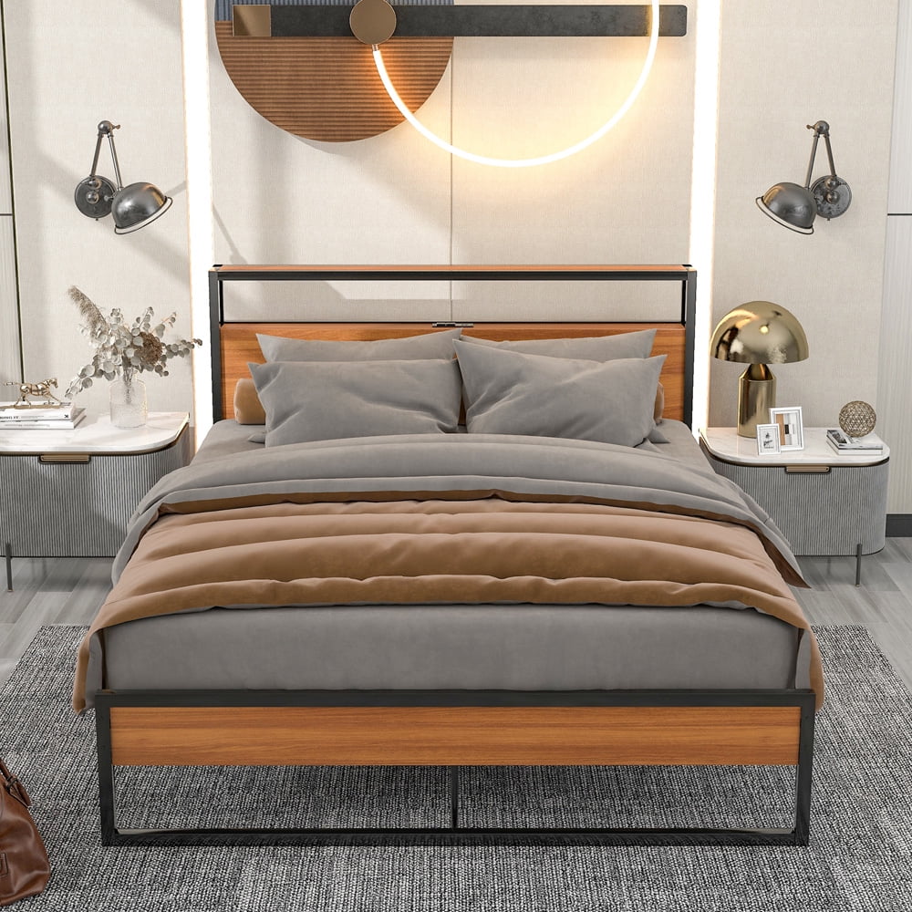 Sesslife Queen Bed Frame with Headboard, Footboard, Sockets, USB Ports and Slat Support, Metal Platform Bed with Slatts Support for Kid Teen Adults, 770 LBS Capacity, Black