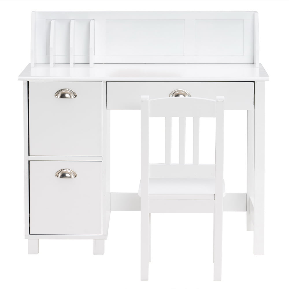 Wooden Study Desk and Chair Set for Children, SESSLIFE Kids Table and Chair Set w/Storage Drawer and Cabinets, Stand-up Book Organizer, White, Gift for Kids, X177