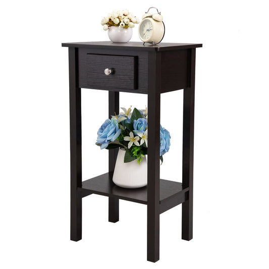 SESSLIFE Narrow End Table, 2-Tier Storage Nightstand with Drawer and Shelf, Wood Accent Table for Bedroom Living Room, Compact Modern Furniture Tall Bedside Table, Dark Brown, X2328