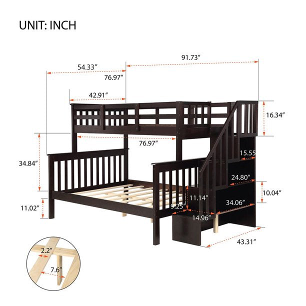 Wood Twin Over Full Bunk Bed for Kids, SESSLIFE Bunk Bed with Stairs and Storage Shelves, Bed Frame with Safety Guardrails & Slats Support, No Box Spring Needed, Gray, X2130