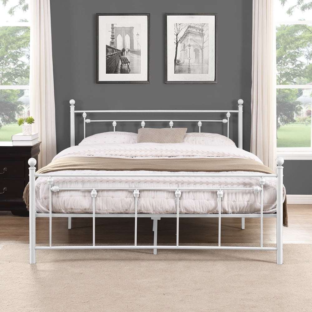 Sesslife Queen Platform Bed Frame, Metal Bed Frame No Box Spring Needed, Queen Size Bed with Headboard and Footboard, Steel Slats System, Modern Bedroom Furniture for Kids Teens Adults, White