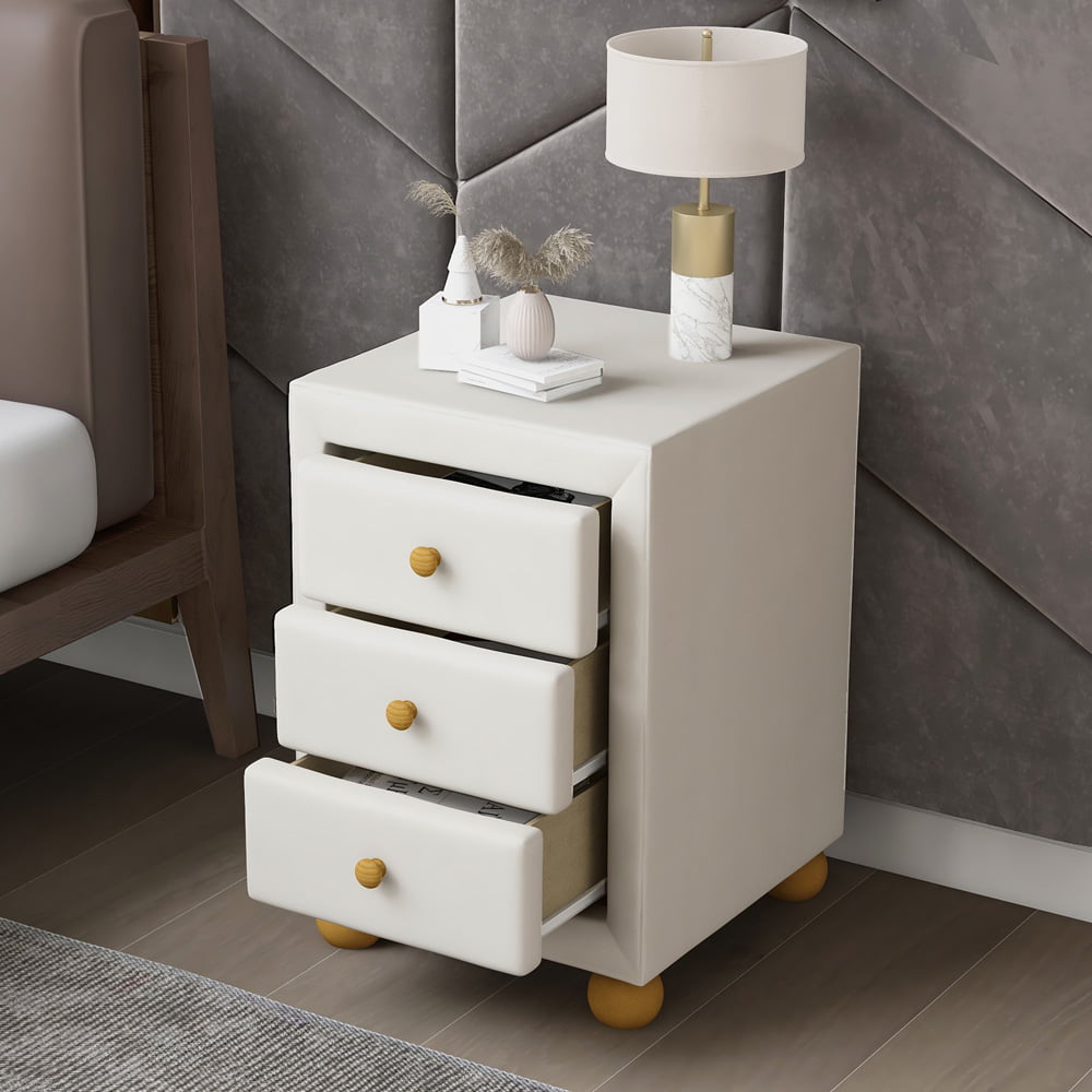 Sesslife Storage Nightstand with Drawers, Upholstered Night Stand for Bedroom, Modern Bedside Table with Natural Wood Knobs and Legs, Pine Wood Frame, Beige