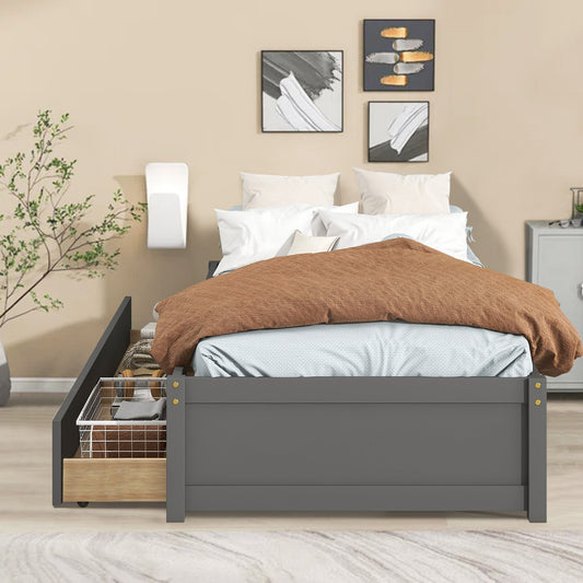 Storage Twin Bed, SESSLIFE Wood Bed Frame with Drawers and Wooden Slats, Twin Size Platform Bed Frame with Storage, No Box Spring Needed, Modern Bed for Bedroom Guest Room, Gray, X2924