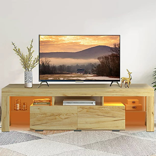 SESSLIFE TV Console Table for 70 Inch TV, Large Television Stand with RGB LED Lights, Farmhouse Wood Entertainment Center， TV Cabinet with 2 Drawers, TV Cabinet for Living Room, Bedroom