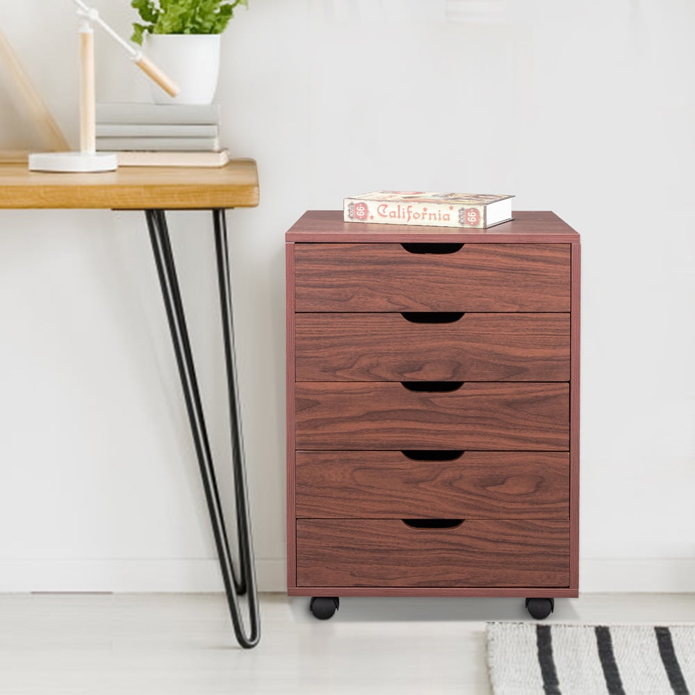 Wood Dresser for Bedroom, Sesslife 5 Drawer Dresser with 360¡ã Removable Casters for Living Room Office, Brown Chest of Drawers, Modern Storage Cabinet 19.21"L x 15.91"W x 26.3"H