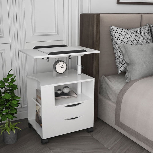 SESSLIFE Nightstand with Wheel and Lift, White Bedside Table with Height Adjustable & Swivel Tilt Top, Wooden End Table with 2 Drawer and Open Shelf, Side Table for Bedroom Living Room Office, X1587
