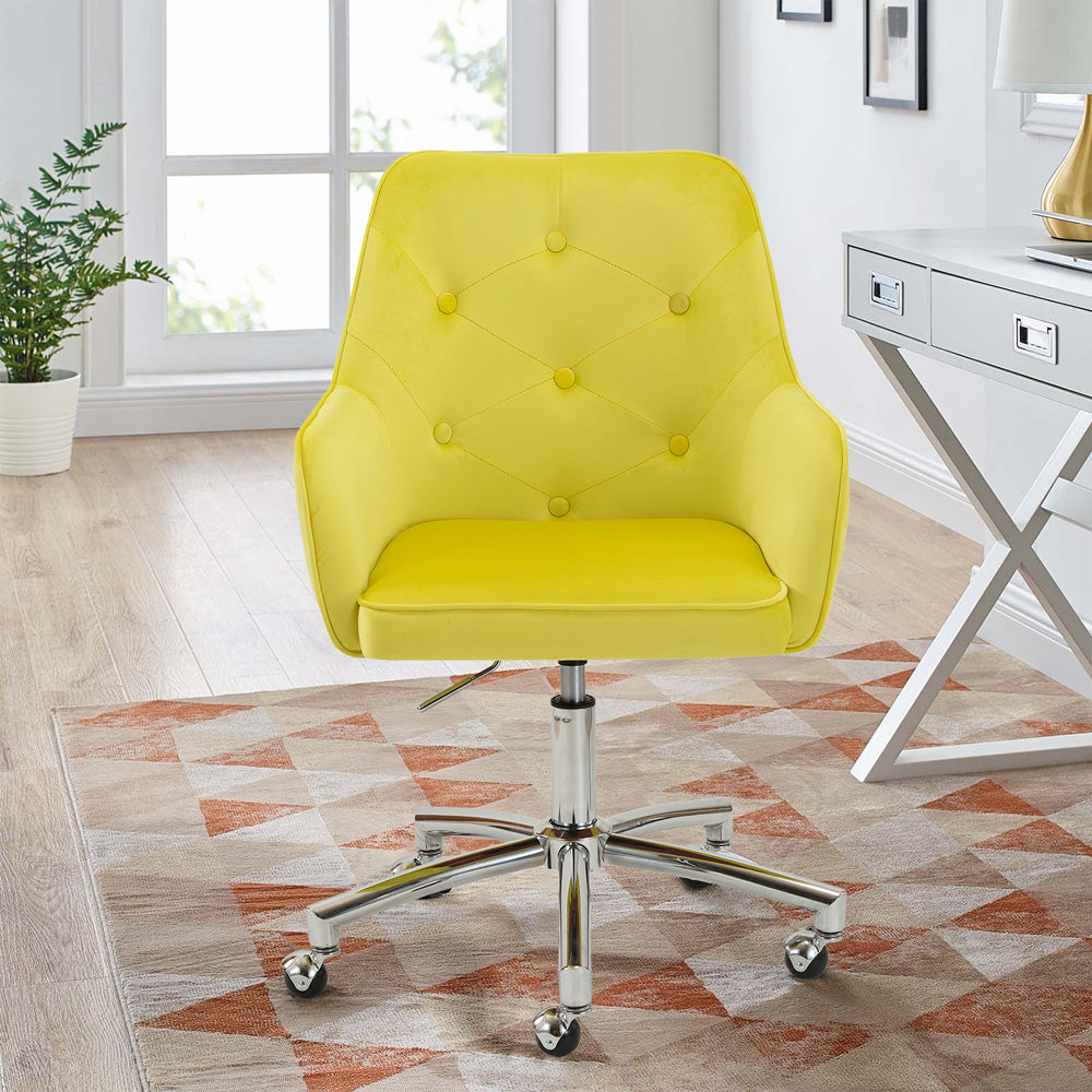 SESSLIFE Tufted Backrest Computer Chair, Adjustable Height Home Office Chair with Swivel Wheels, Modern Vanity Chair with Armrests and Soft Seat, Yellow Velvet Desk Chairs, X2516