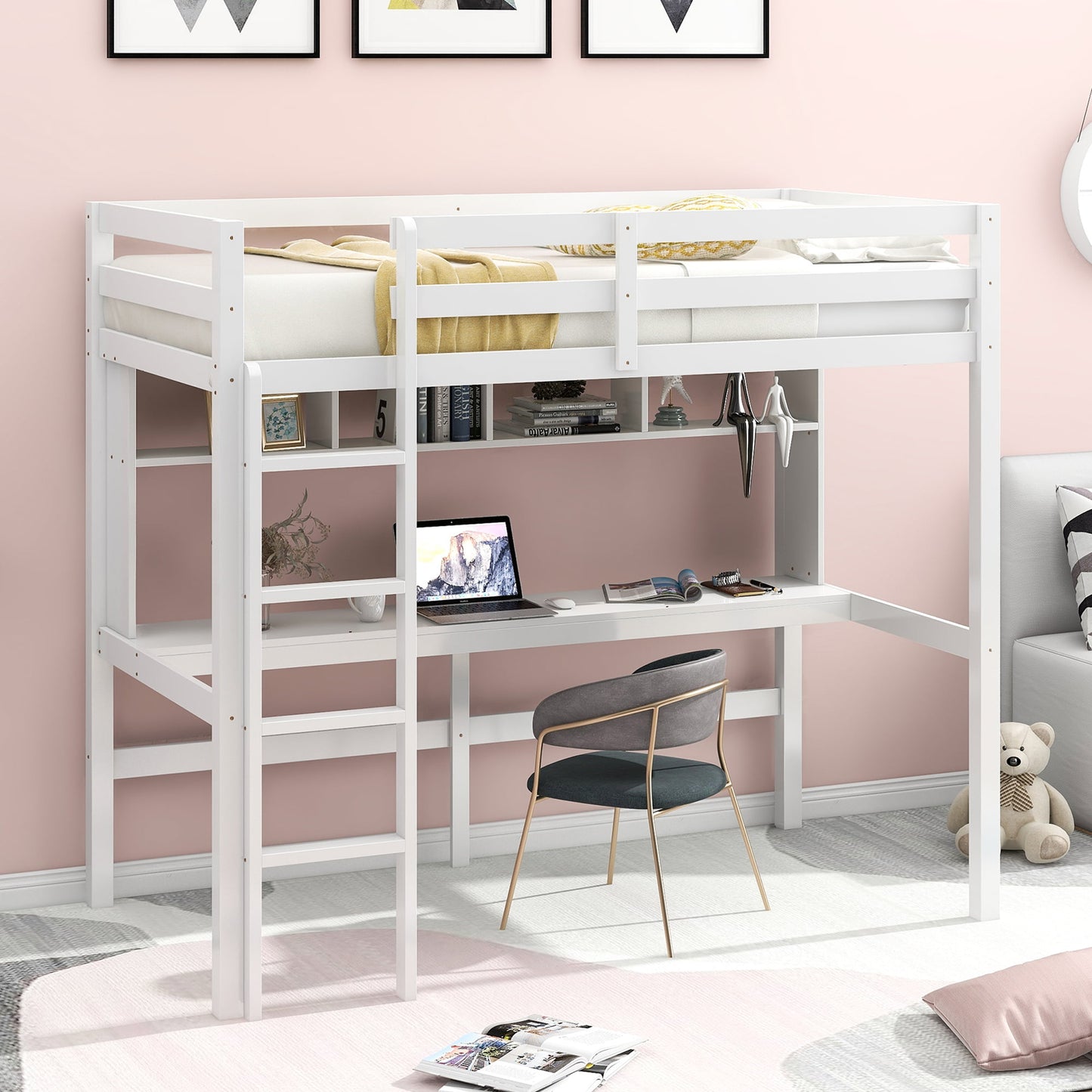 Twin Loft Bed with Desk, Sesslife Wood Loft Bed with Storage Shelves, Space Saving Bed Frames with Ladder and Safety Guard Rails for Boys Girls Kids Teens Dorm Bedroom, White