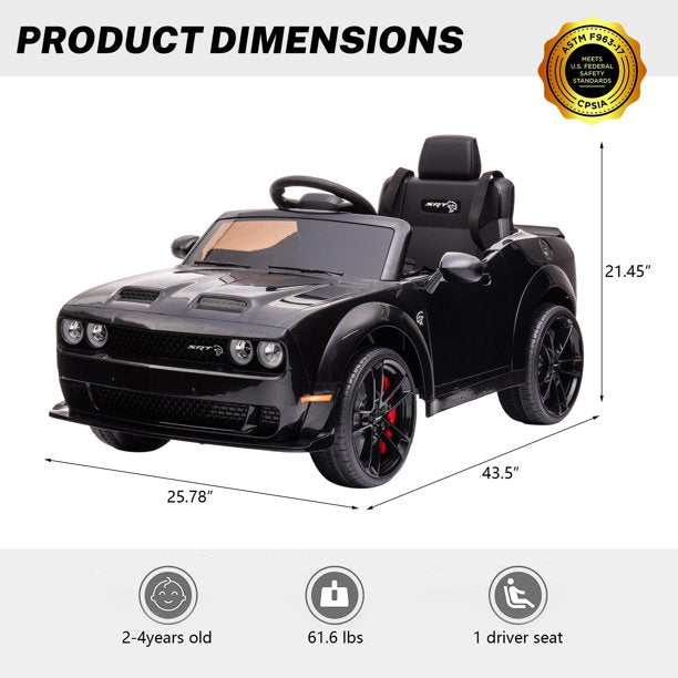 Dodge Licensed 12V Kids Ride on Car with Parent Remote Control, LED Lights, MP3 Player, Spring Suspension, Battery Powered Sports Ride on Toys for 2-4 Years Old Boy and Girl, Black