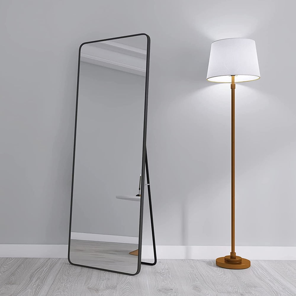 Round Corner Full Length Mirror, Sesslife Standing Full Length Mirror with Adjustable Stand, Black Aluminum Frame, Rectangle Body Floor Mirror Full Length for Bedroom Living Room Dressing, 63" x 20"