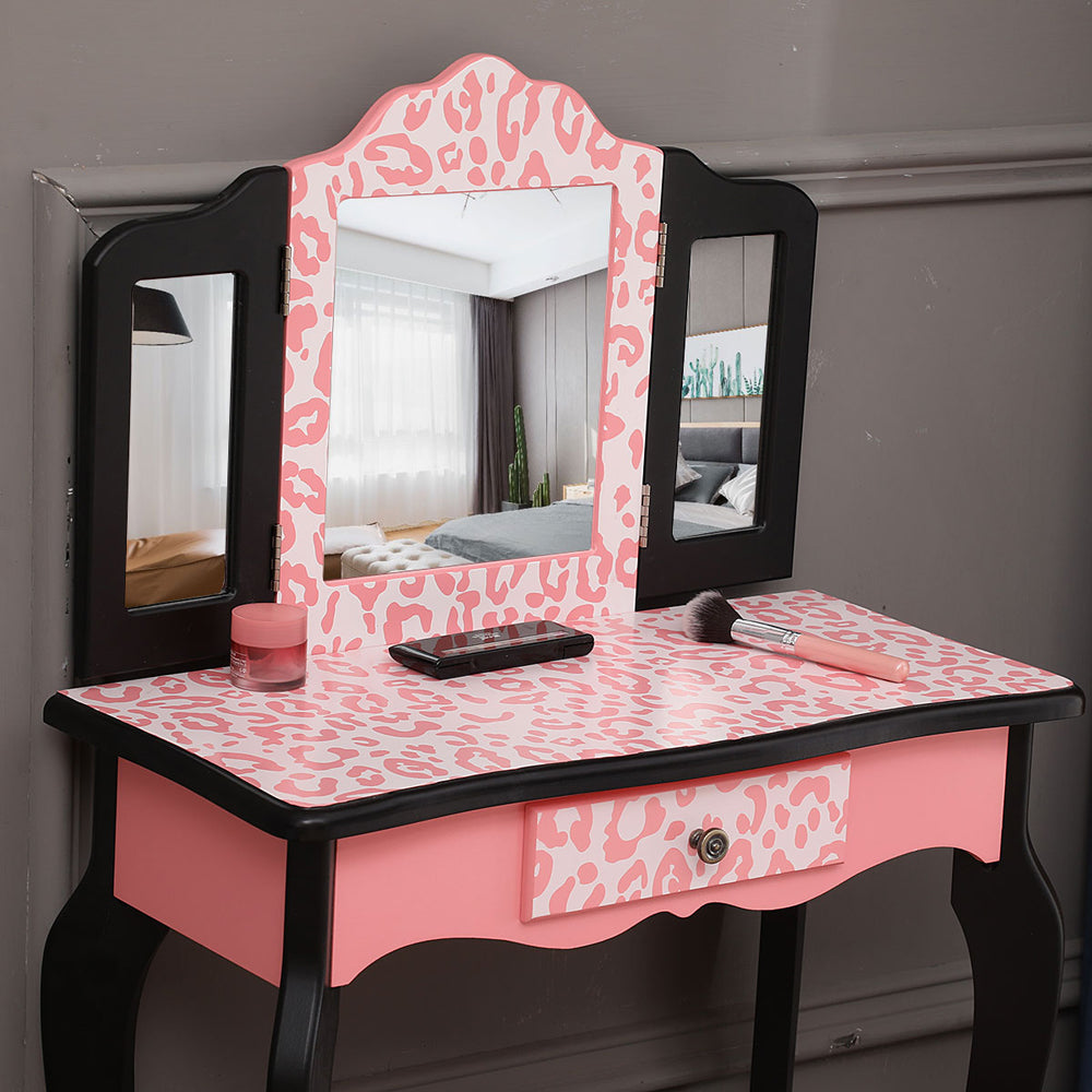 Kids Princess Vanity Table and Chair Set, Kids Vanity Set with Mirror, Makeup Dressing Table for Girls Age 4-9