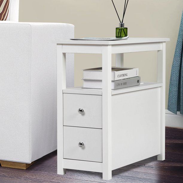 Sesslife Side Table with Drawers and Charging Station, Wood Narrow End Table with Storage for Living Room, Modern Nightstand for Bedroom, White