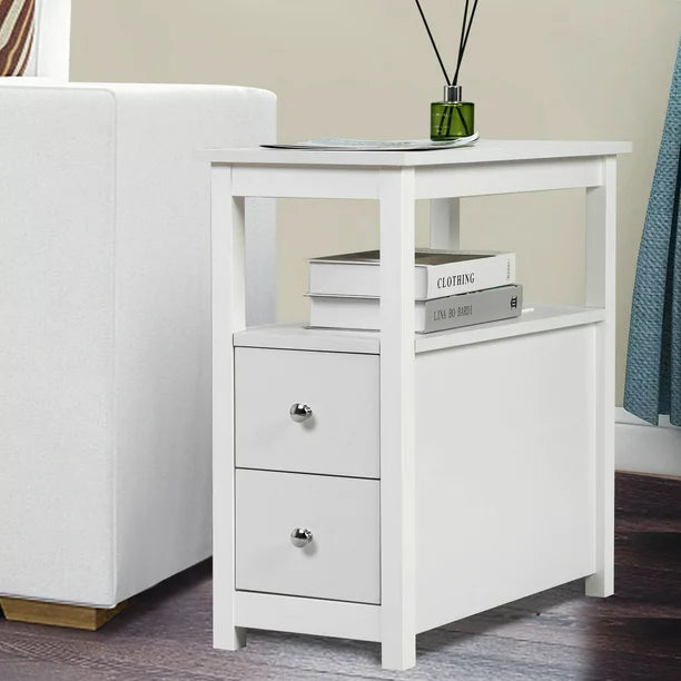 Narrow End Tables for Living Room, Sesslife Wood Storage Side Table with Two Drawers, Open Shelf, USB Ports and Power Outlets, White Sofa Table Nightstand for Bedroom, Modern Furniture