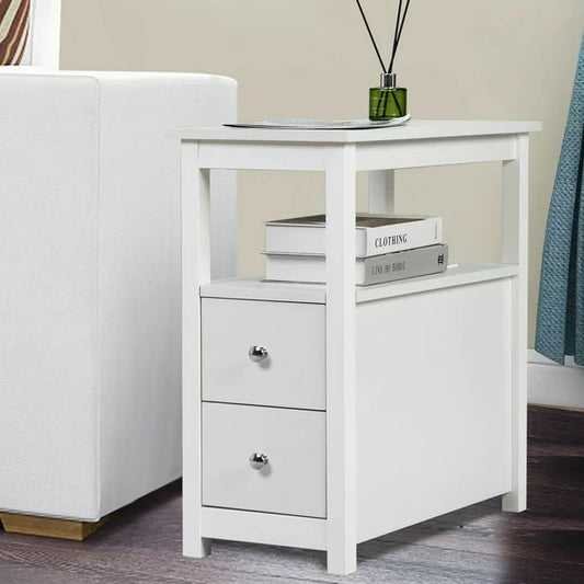 Narrow End Tables for Living Room, Sesslife Wood Storage Side Table with Two Drawers, Open Shelf, USB Ports and Power Outlets, White Sofa Table Nightstand for Bedroom, Modern Furniture