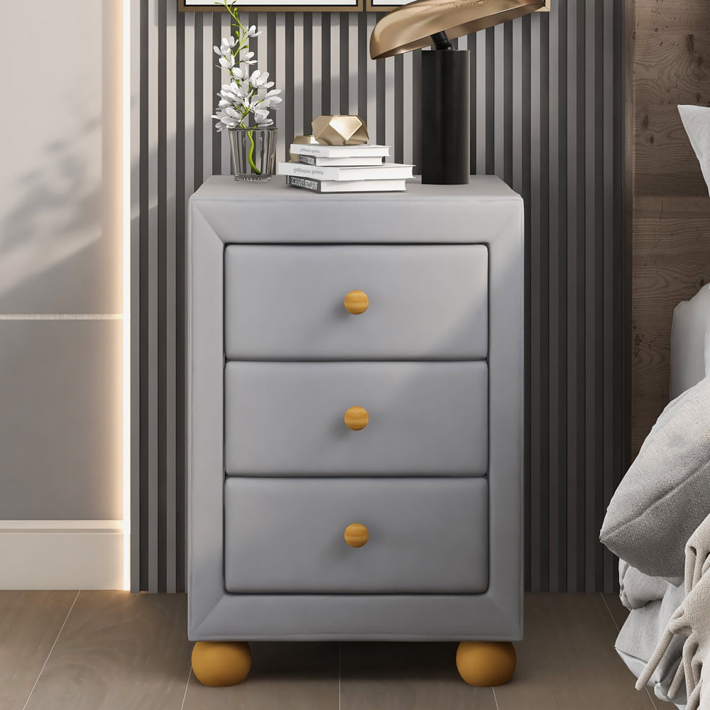 Modern Upholstered Nightstand, Sesslife Storage Bedside Table with 3 Drawers, Natural Wood Knobs, Sturdy Round Legs, 15.7"W Nightstand for Bedroom Living Room, Light Gray