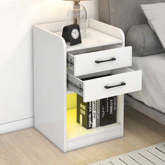 Sesslife White Nightstand for Bedroom with 2 Drawers and Shelf, Modern Bedside Table with USB Charging Ports and Outlets, LED Light, Multifunctional Wood Side Table