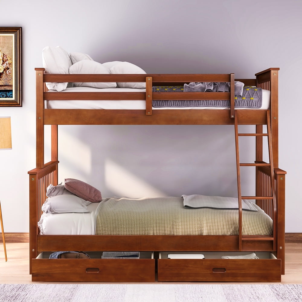 SESSLIFE Twin over Full Bunk Bed, Wood Bunk Bed with Drawer and Guard Rail, Kids Bunk bed with Ladder & Slats Support, Space Saving Storage Bed Frame for Bedroom Dorm, Walnut, X2448