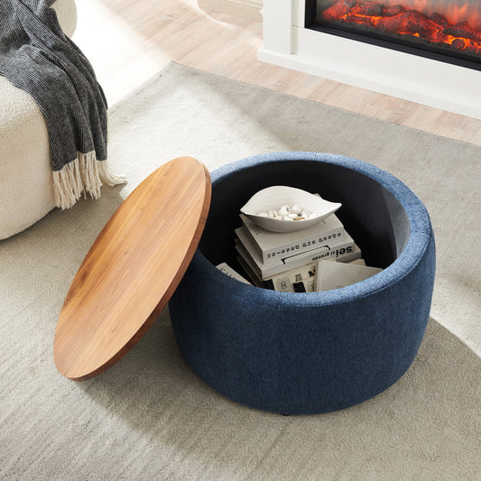 SESSLIFE Storage Ottoman Foot Rest, Upholstered Fabric Round Footrest with Wood Top, Coffee Table Tray, Handmade Modern Accent Stools, Footstool for Living Room and Bedroom, Navy