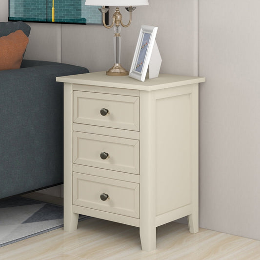 Wood Bedside Table with 3 Drawers, Beige Storage Nightstand for Bedroom, End Table for Living Room, Functional Drawer Cabinet for Entryway, Modern Bedroom Furniture, X2653