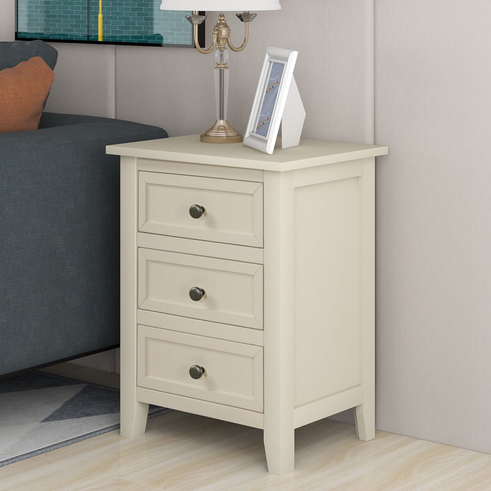 3-Drawer Nightstand for Bedroom, Wood Bedside Table with Storage, Modern End Table for Living Room Entryway, Chest Cabinet with Metal Drawer Pulls, Space Saving Storage Furniture, Beige, X2650