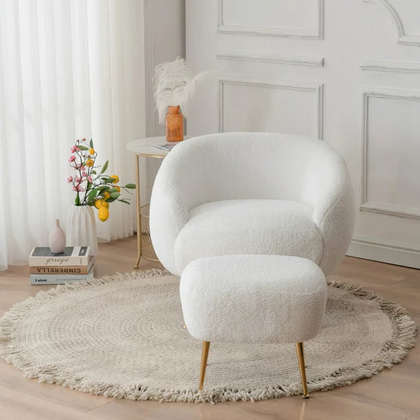 Fluffy Chair with Ottoman, Sesslife White Accent Chair and Ottoman Set for Bedroom Living Room, Modern Chair with Iron Legs, Curved Back and Round Arms, 500 Weight Capacity