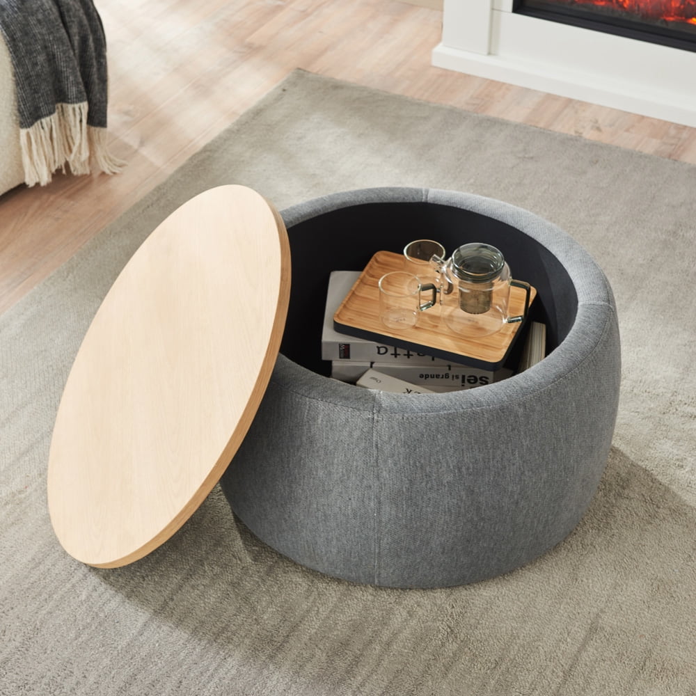 SESSLIFE Storage Ottoman Foot Rest, Upholstered Fabric Round Footrest with Wood Top, Coffee Table Tray, Handmade Modern Accent Stools, Footstool for Living Room and Bedroom, Dark Gray