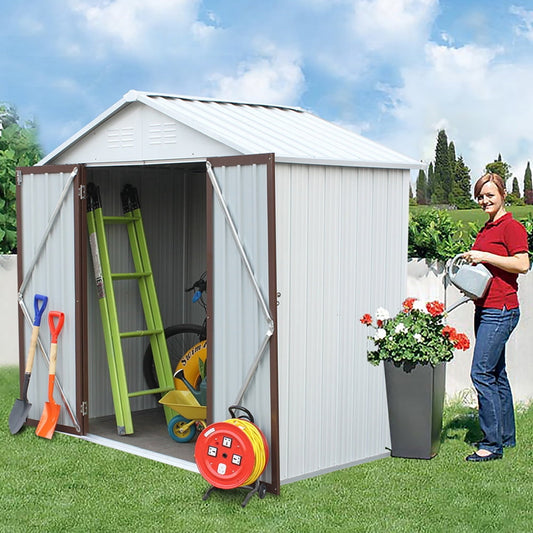 Sesslife Outdoor Storage Shed, 6 x 4 Ft Galvanized Steel Tool Storage House with Lockable Door, Vents, Wall Hooks, Outside Garden Storage Room with Sloping Roof for Backyard Lawn, White