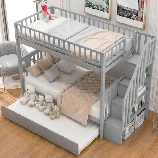 Twin Bunk Bed with Trundle, SESSLIFE Wood Twin over Twin Bunk Bed with Stairs and Storage Shelves, No Box Spring Required, Bed Frame with Guardrails for Kids Teens Adult, Gray, X2352