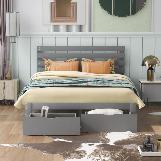 Queen Bed Frame with Storage, SESSLIFE Wood Platform Bed Frame with 2 Drawers and Headboard, Queen Size Bed Frame No Box Spring Needed, Modern Bedroom Furniture for Kid Teen Adult, Gray