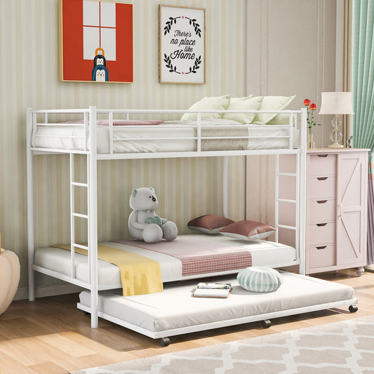 Bunk Bed with Trundle for Kids, SESSLIFE Twin over Twin Bunk Bed Metal, White Twin Bunk Bed Frame with Both Ladders and Safe Guardrails, Kids/Teens Furniture for Bedroom Dorm, X2630