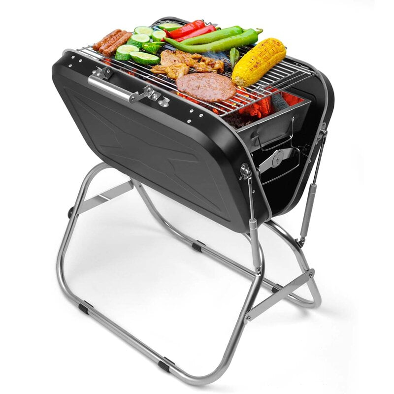 Small Folding Charcoal Grills, SESSLIFE Portable BBQ Grill w/ BBQ Suitcase for Picnic Camping Traveling, Stainless Steel Outdoor Grill & Smoker for Backyard Patio, 23.5 x 17.0 x 26.0 inch, Black, X734