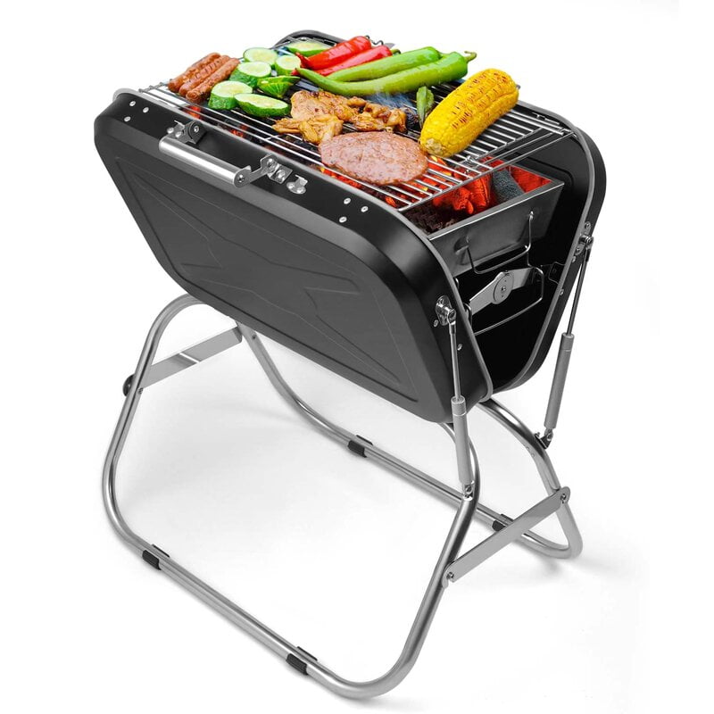 Folding Tabletop BBQ Grill, SESSLIFE Charcoal Grill with Suitcase, Portable Outdoor Grill with Vents, Abundant Accessories, Stainless Steel Barbecue Grill 23.5 x 17.0 x 26.0 inch, Black, X736