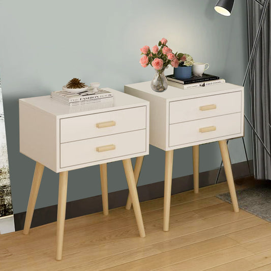 White Nighstand Set of 2 with 2 Drawers, Sesslife Wood Bedside Table for Bedroom, Versatile Storage Side Table for Living Room, Space Saving End Table with Storage & Pine Legs