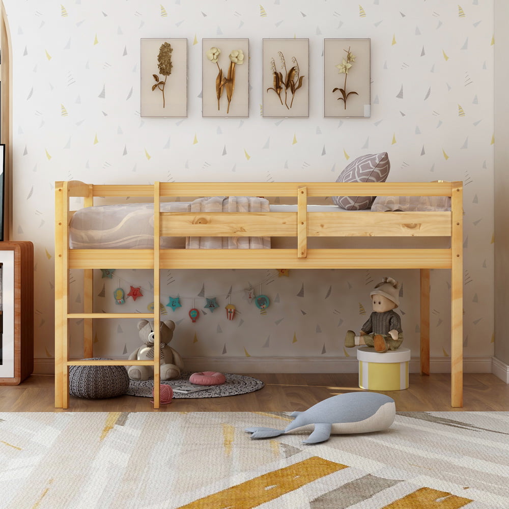 Twin Loft Bed for Boys Girls, Sesslife Wood Loft Bed with Ladder and Safety Guard Rails, Modern Kids Bedroom Furniture, Natural Loft Bed Space Saving Design, X3370