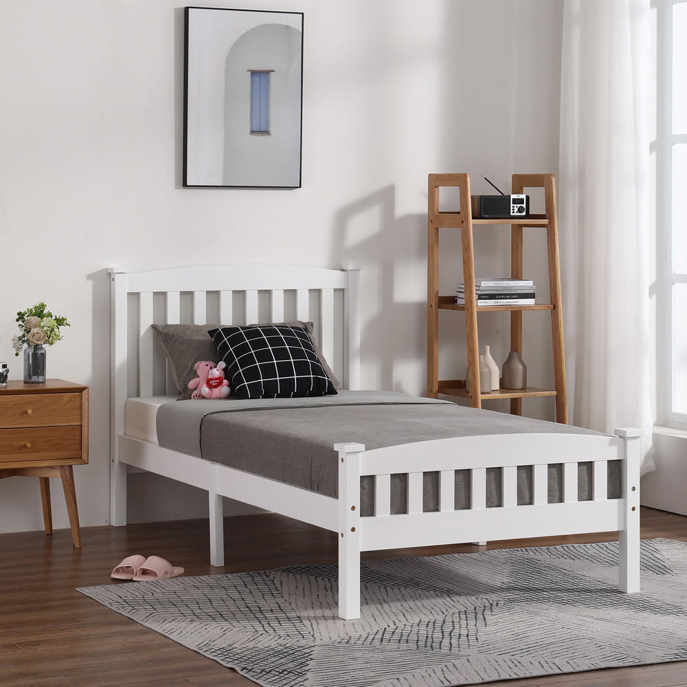 Platform Bed Frame No Box Spring Needed, Sesslife Wood Twin Size Bed Frame with Slatted Headboard and Footboard, Twin Platform Bed with Slats Support for Teen Adult Kid, White