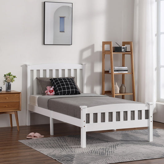 Platform Bed Frame No Box Spring Needed, Sesslife Wood Twin Size Bed Frame with Slatted Headboard and Footboard, Twin Platform Bed with Slats Support for Teen Adult Kid, White