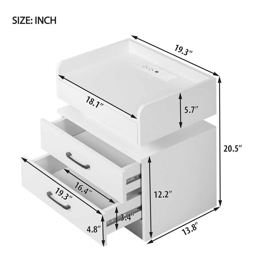 2-Drawer Nightstand for Bedroom, Sesslife Wood Bedside Table with LED Light, USB Charging Ports and Outlets, Wireless Charging Functions, Modern Storage Furniture Night Stand, White