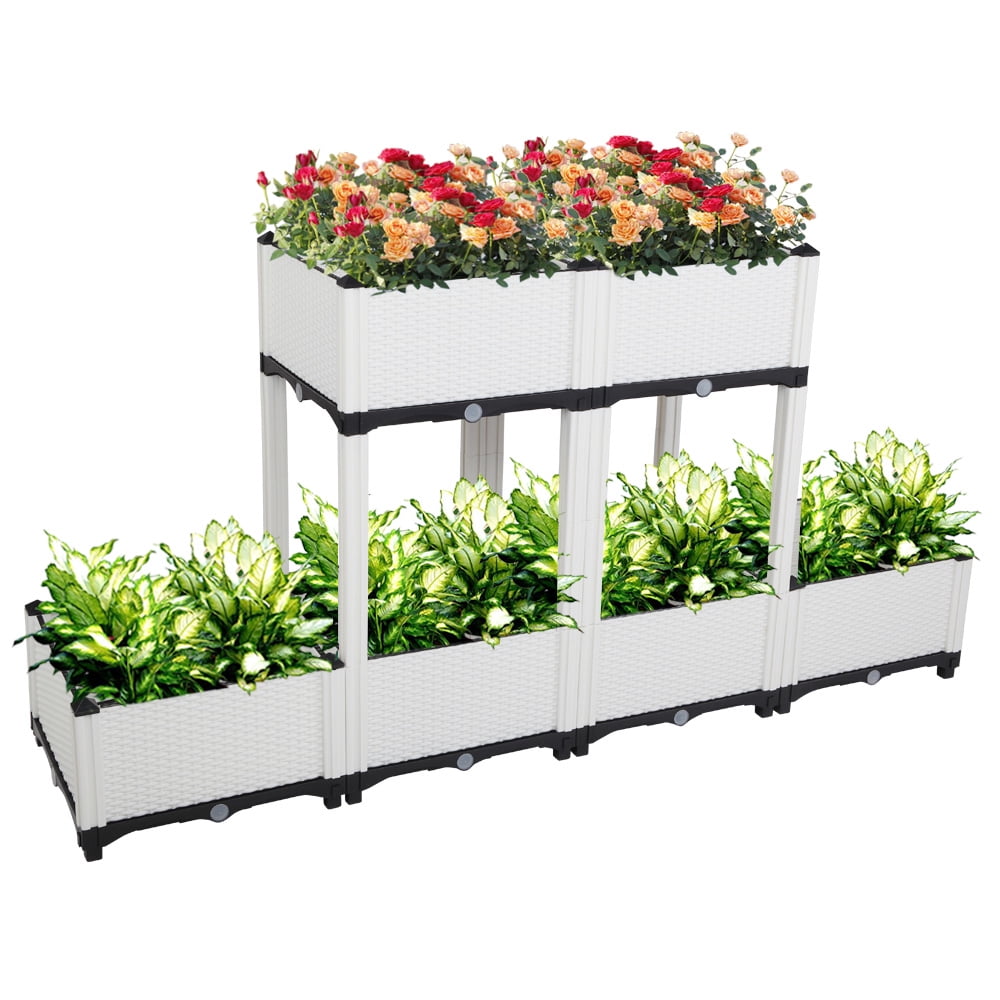 Sesslife Plastic Elevated Planter Box, Raised Garden Bed with Self-Watering & Drainage Holes for Flower Vegetable Grow, Free Splicing Planter Box Set of 6, White