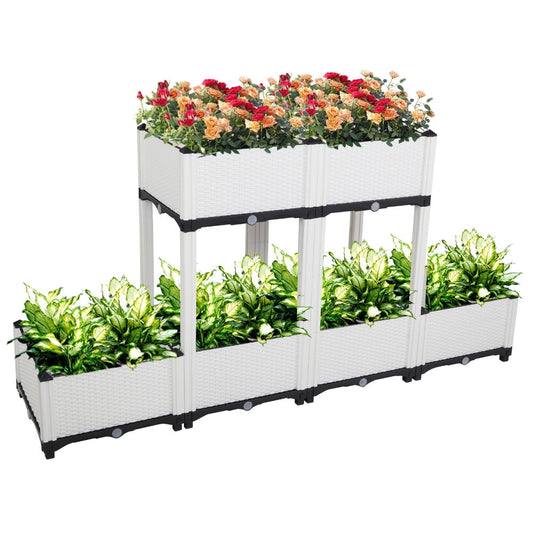 Sesslife Plastic Elevated Planter Box, Raised Garden Bed with Self-Watering & Drainage Holes for Flower Vegetable Grow, Free Splicing Planter Box Set of 6, White
