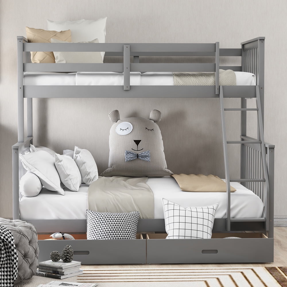 SESSLIFE Twin over Full Bunk Bed, Wood Bunk Bed with Drawer and Guard Rail, Kids Bunk bed with Ladder & Slats Support, Space Saving Storage Bed Frame for Bedroom Dorm, Gray, X2447