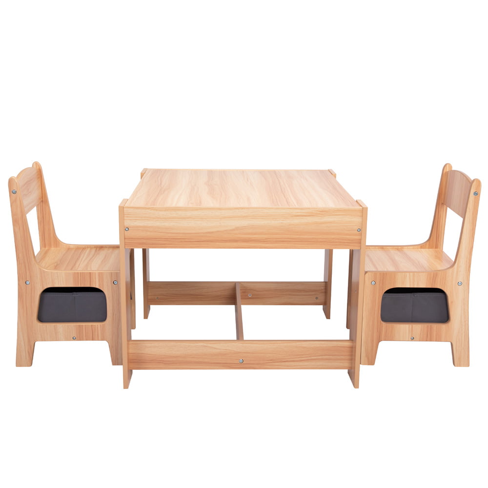 Kids Wood Table and 2 Chairs, SESSLIFE Kids Table with Blackboard, 2 Kids Chair with Storage, Natural Wood 3-Piece Table and Chairs Set for Kids 3-8 Years Old, X678