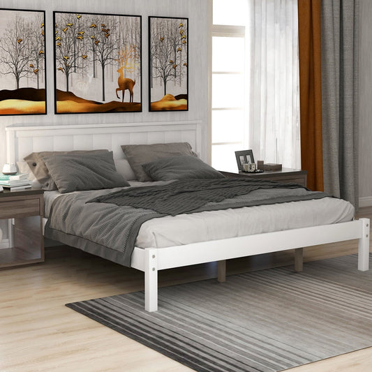 Wood Bed Frame with Headboard, SESSLIFE Queen Bed Frame No Box Spring Needed, Platform Bed Frame with Slats Support and Mattress Foundation for Teens Adults Kids Bedroom, White, X2415