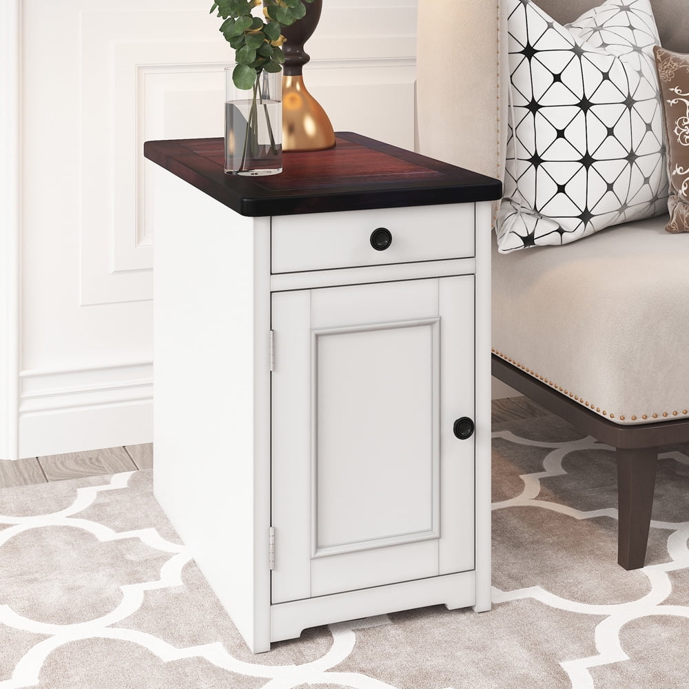 Accent Table for Living Room, SESSLIFE Retro Nightstand with Multi-functional Drawer and Cabinet, Bedside Table with USB Port and Cup Holder for Bedroom, White End Table with Brown TableTop, X1580