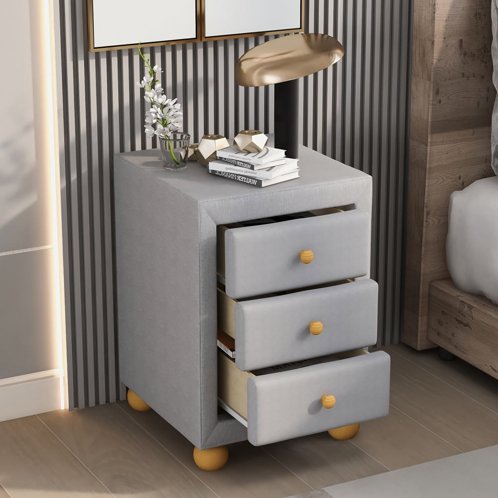 Sesslife Modern Upholstered Nightstand, Storage Bedside Table with 3 Drawers, Natural Wood Knobs, Sturdy Round Legs, 15.7"W Nightstand for Bedroom Living Room, Light Gray