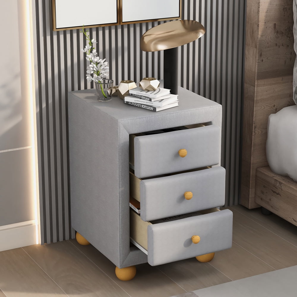 Sesslife Storage Nightstand with Drawers, Upholstered Night Stand for Bedroom, Modern Bedside Table with Natural Wood Knobs and Legs, Pine Wood Frame, Light Gray